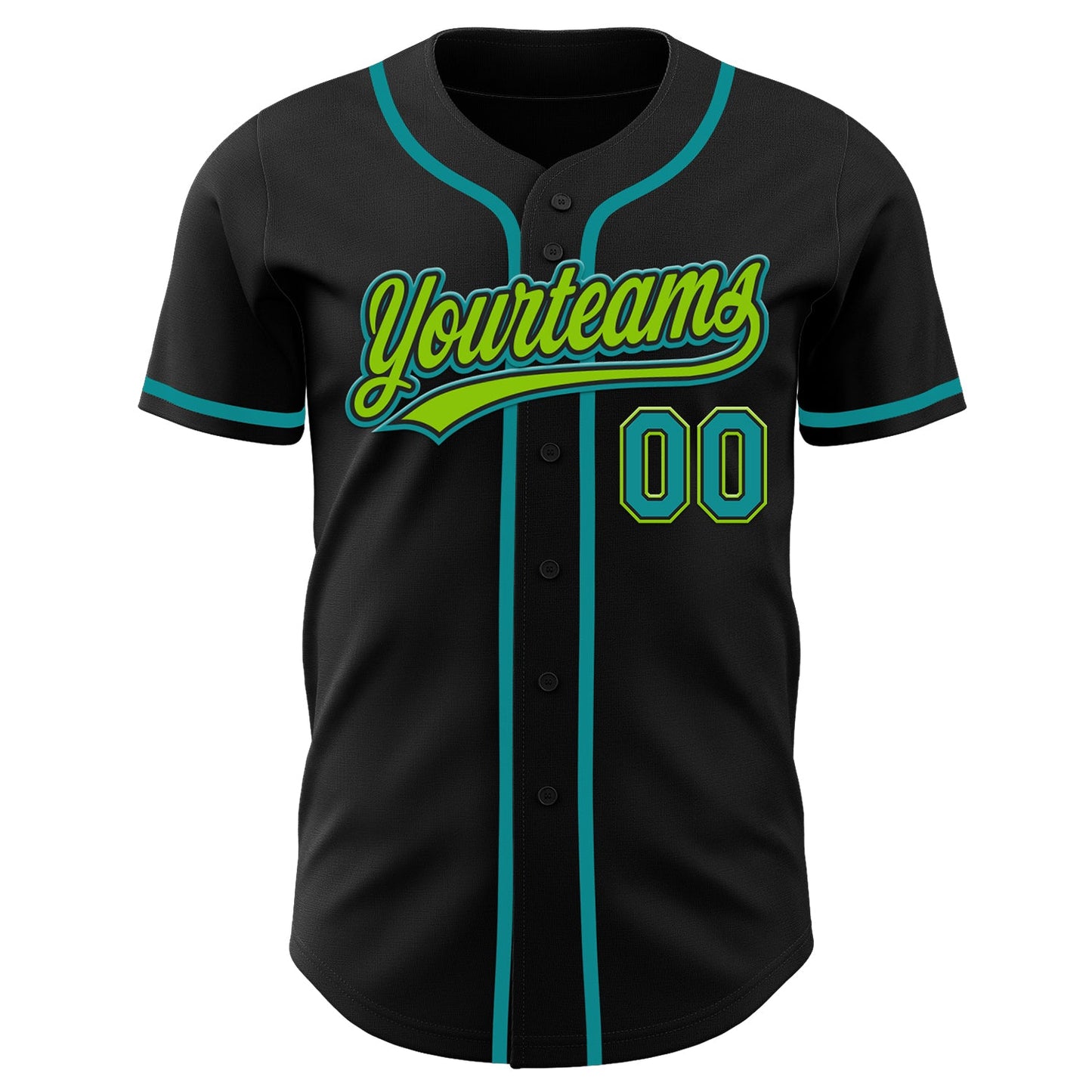 Custom Black Teal-Neon Green Authentic Baseball Jersey view 2