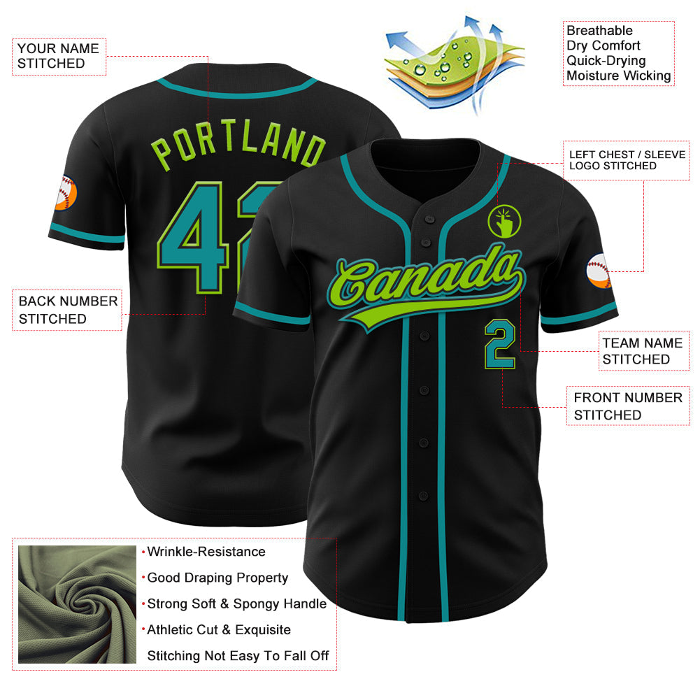 Custom Black Teal-Neon Green Authentic Baseball Jersey view 3