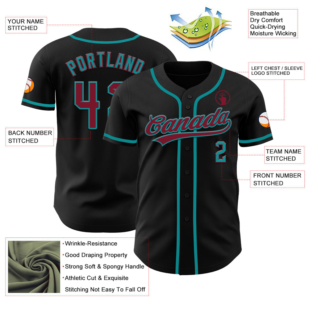 Custom Black Crimson-Teal Authentic Baseball Jersey view 3