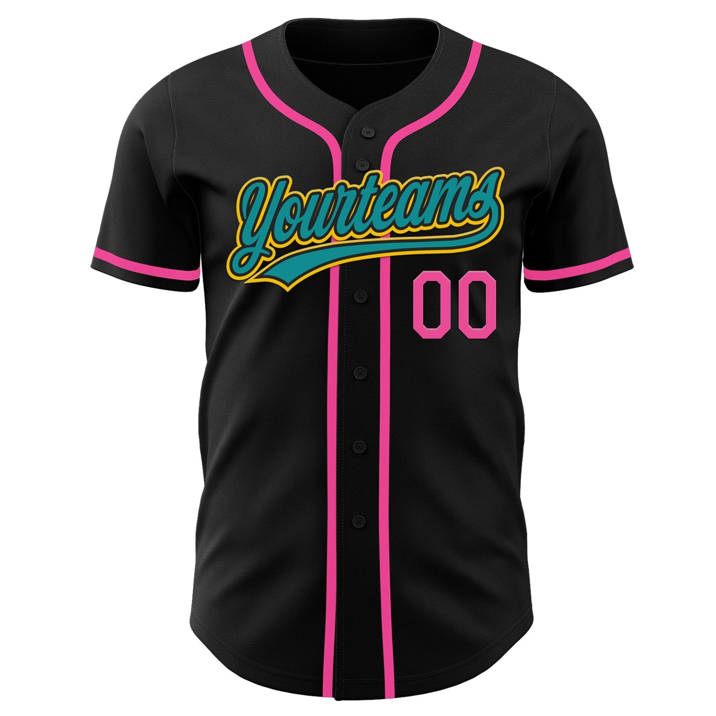Custom Black Teal Yellow-Pink Authentic Baseball Jersey view 2