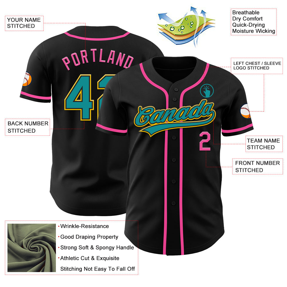 Custom Black Teal Yellow-Pink Authentic Baseball Jersey view 3