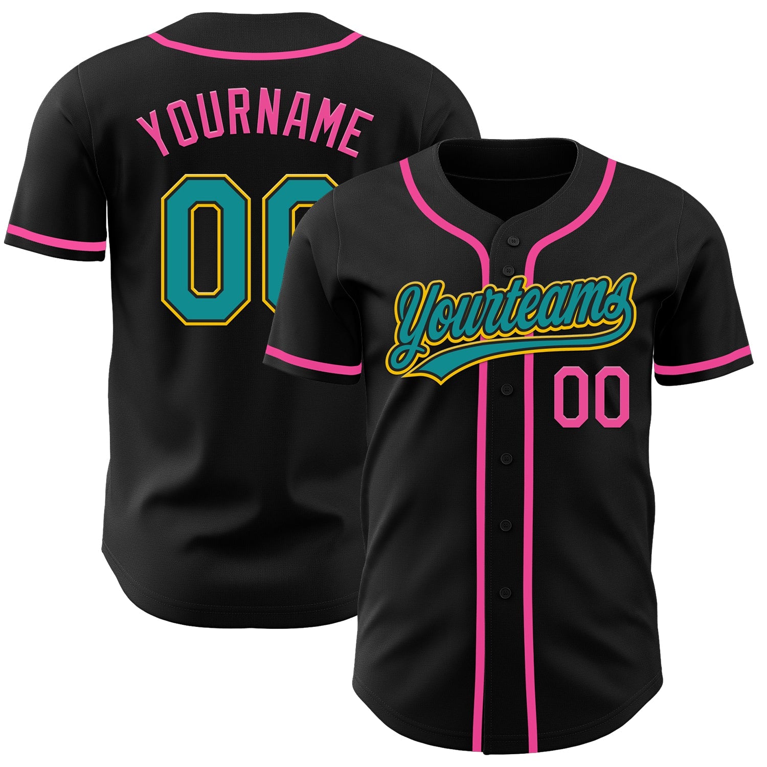 Custom Black Teal Yellow-Pink Authentic Baseball Jersey - Main View