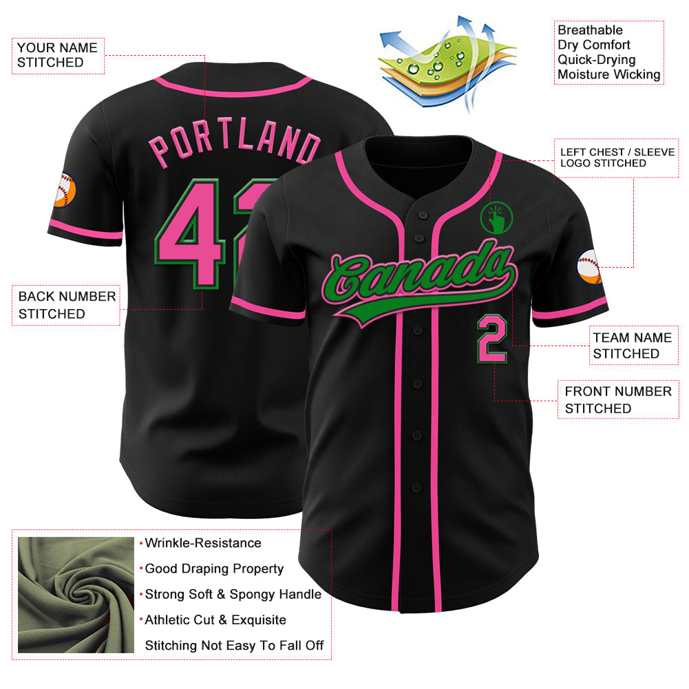 Custom Black Pink-Grass Green Authentic Baseball Jersey view 3
