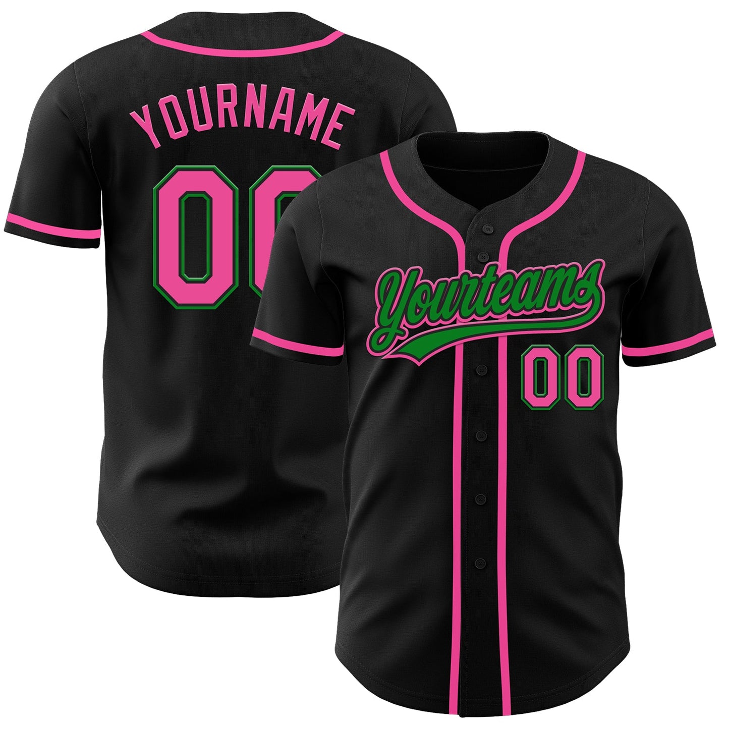 Custom Black Pink-Grass Green Authentic Baseball Jersey - Main View
