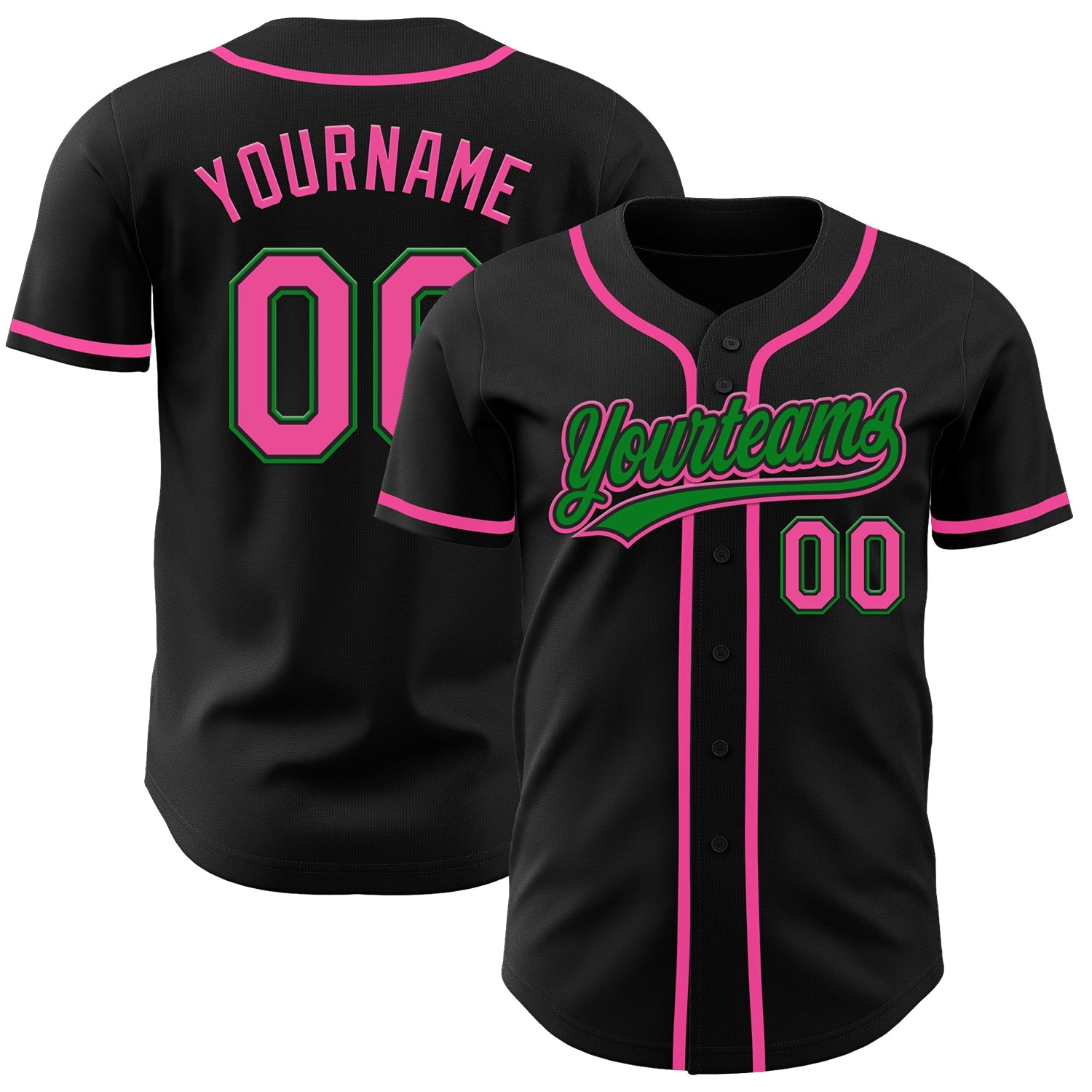 Custom Black Pink-Grass Green Authentic Baseball Jersey - Main View