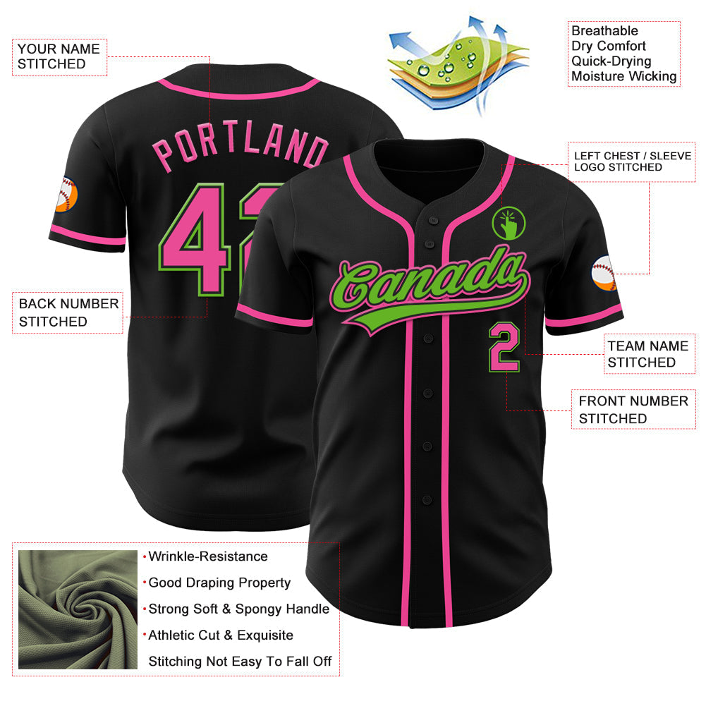 Custom Black Pink-Aurora Green Authentic Baseball Jersey view 3