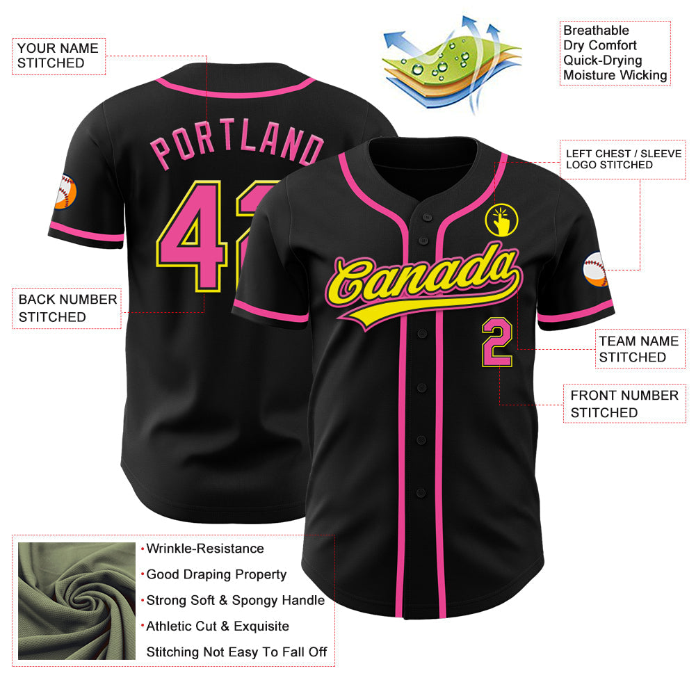 Custom Black Pink-Light Yellow Authentic Baseball Jersey view 3
