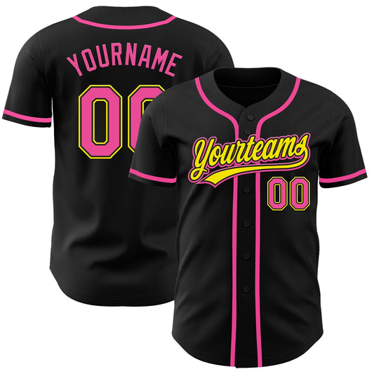 Custom Black Pink-Light Yellow Authentic Baseball Jersey - Main View