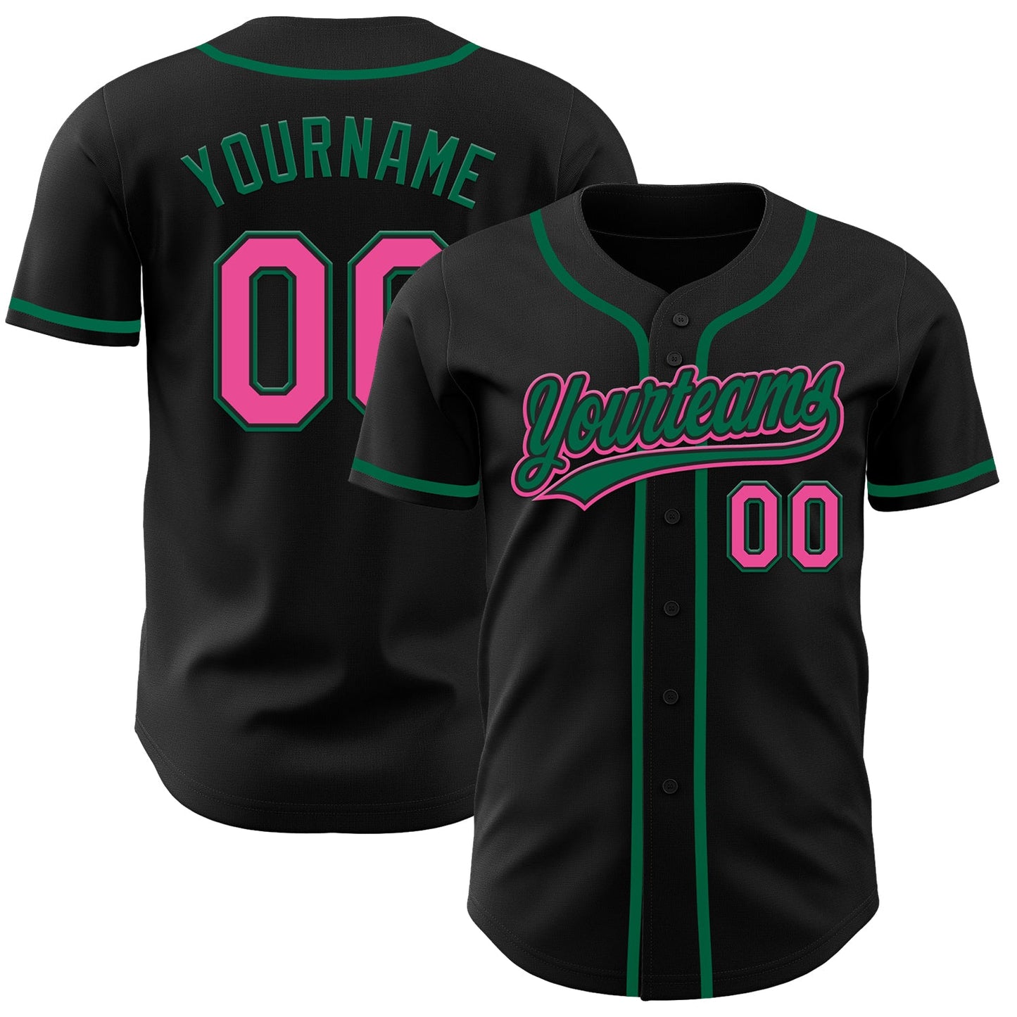 Custom Black Pink-Kelly Green Authentic Baseball Jersey - Main View