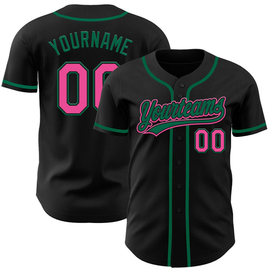 Custom Black Pink-Kelly Green Authentic Baseball Jersey - Main View