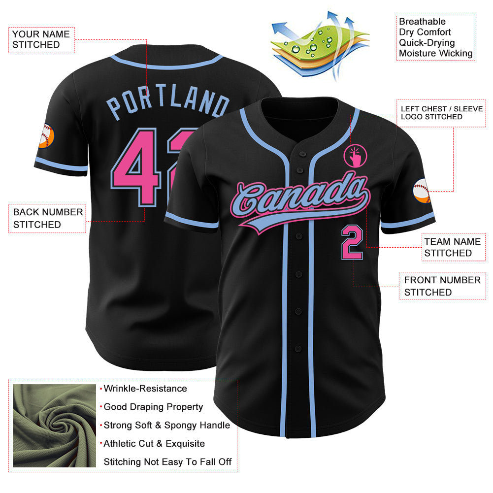 Custom Black Pink-Light Blue Authentic Baseball Jersey view 3