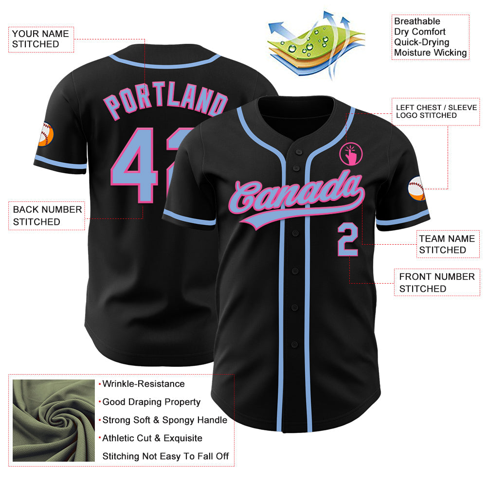 Custom Black Light Blue-Pink Authentic Baseball Jersey view 3