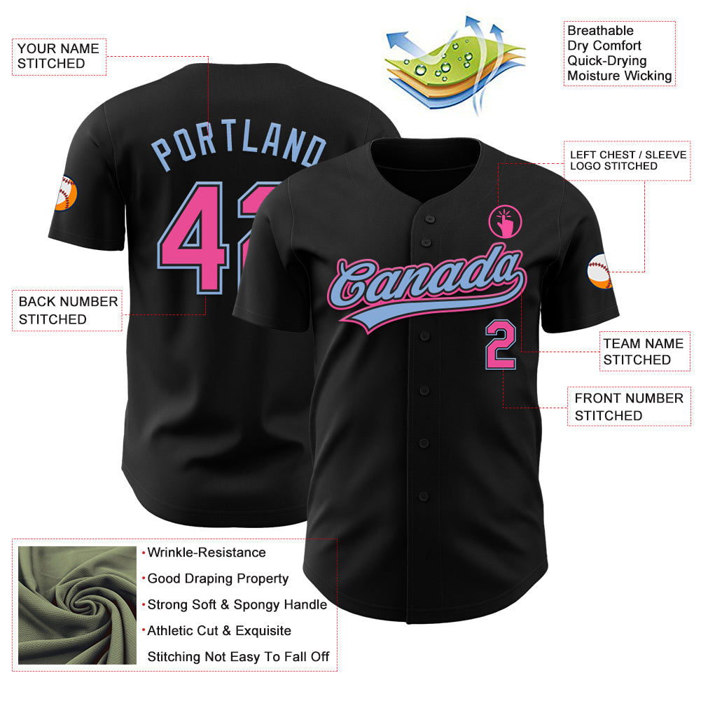 Custom Black Pink-Light Blue Authentic Baseball Jersey view 3