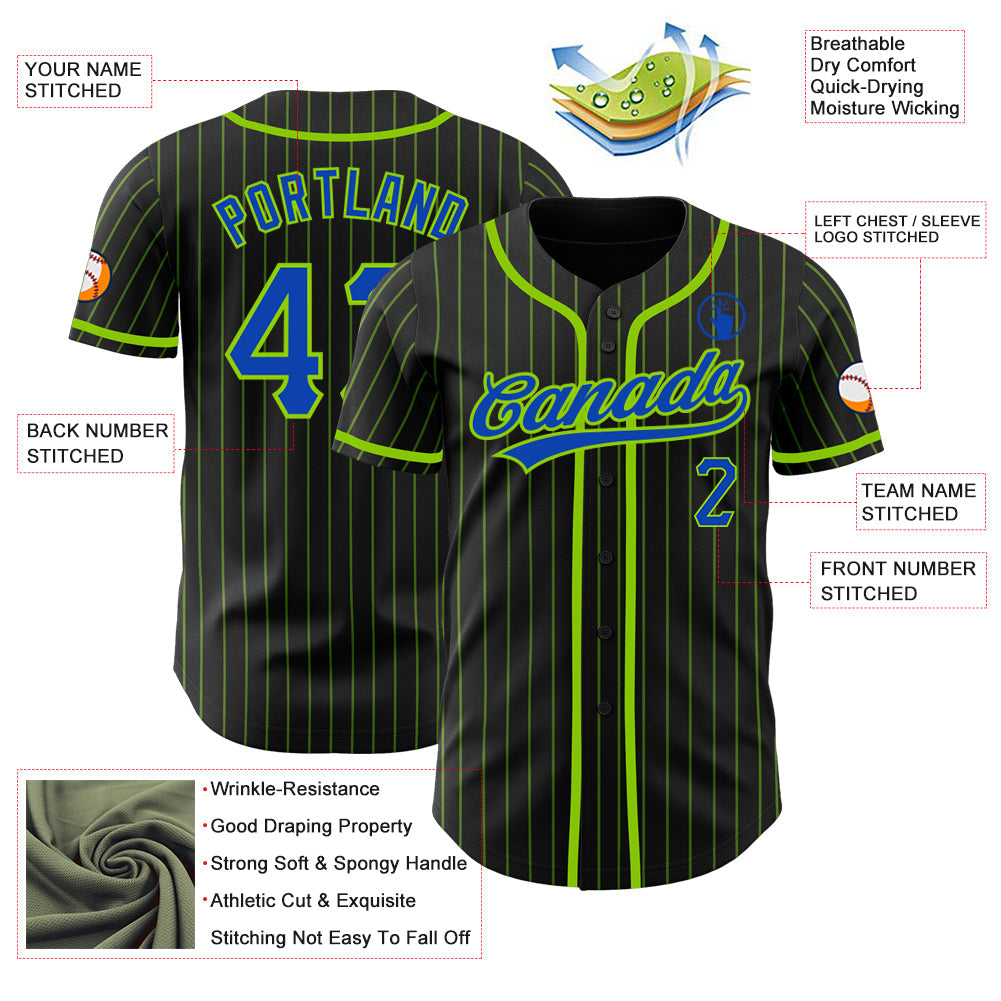 Custom Black Neon Green Pinstripe Thunder Blue Authentic Baseball Jersey view 3
