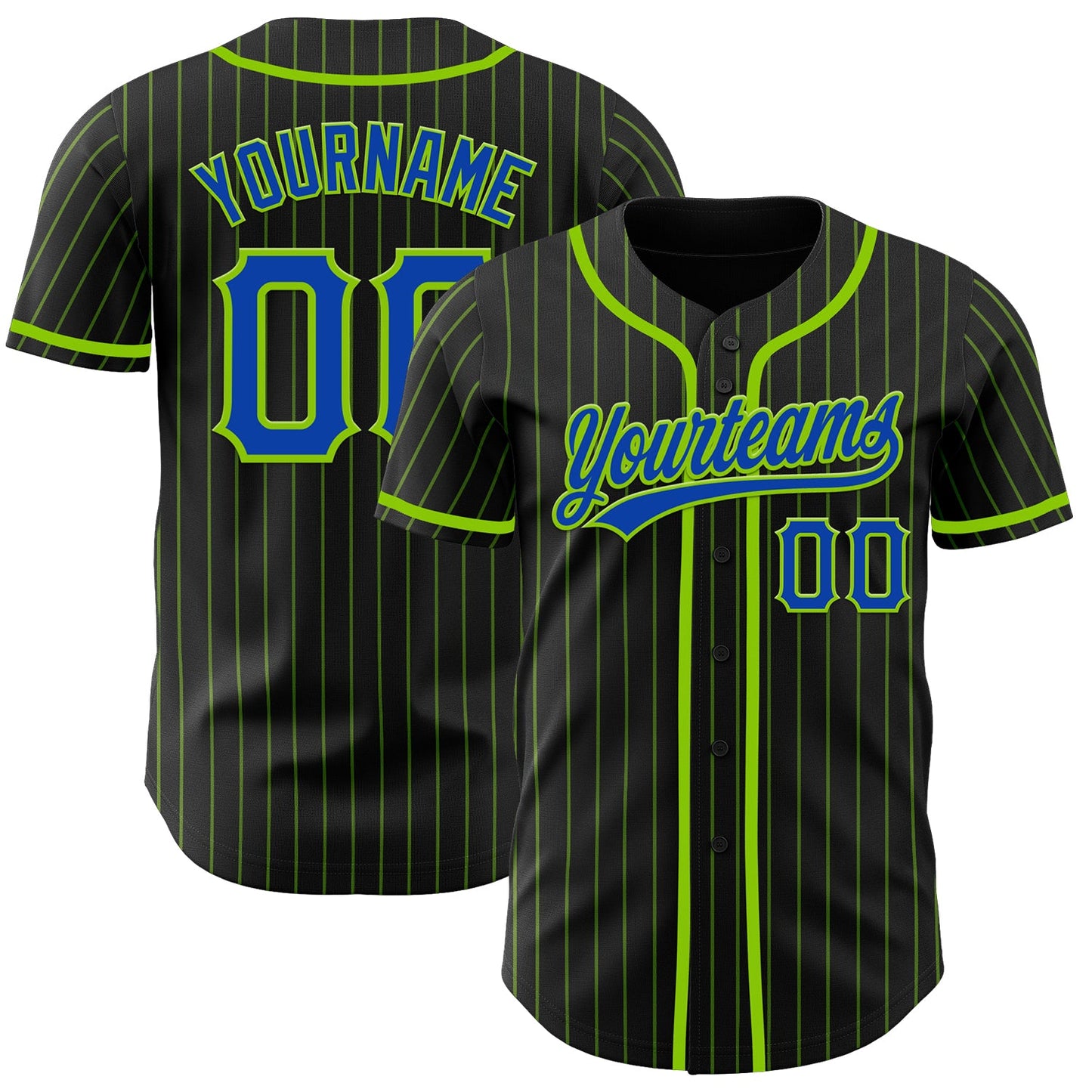 Custom Black Neon Green Pinstripe Thunder Blue Authentic Baseball Jersey - Main View