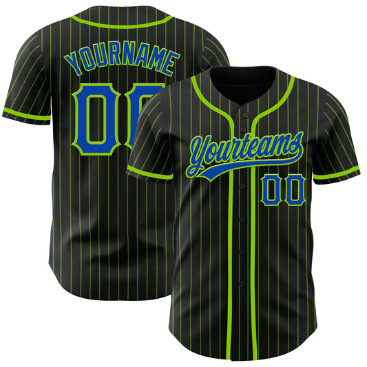 Custom Black Neon Green Pinstripe Thunder Blue Authentic Baseball Jersey - Main View