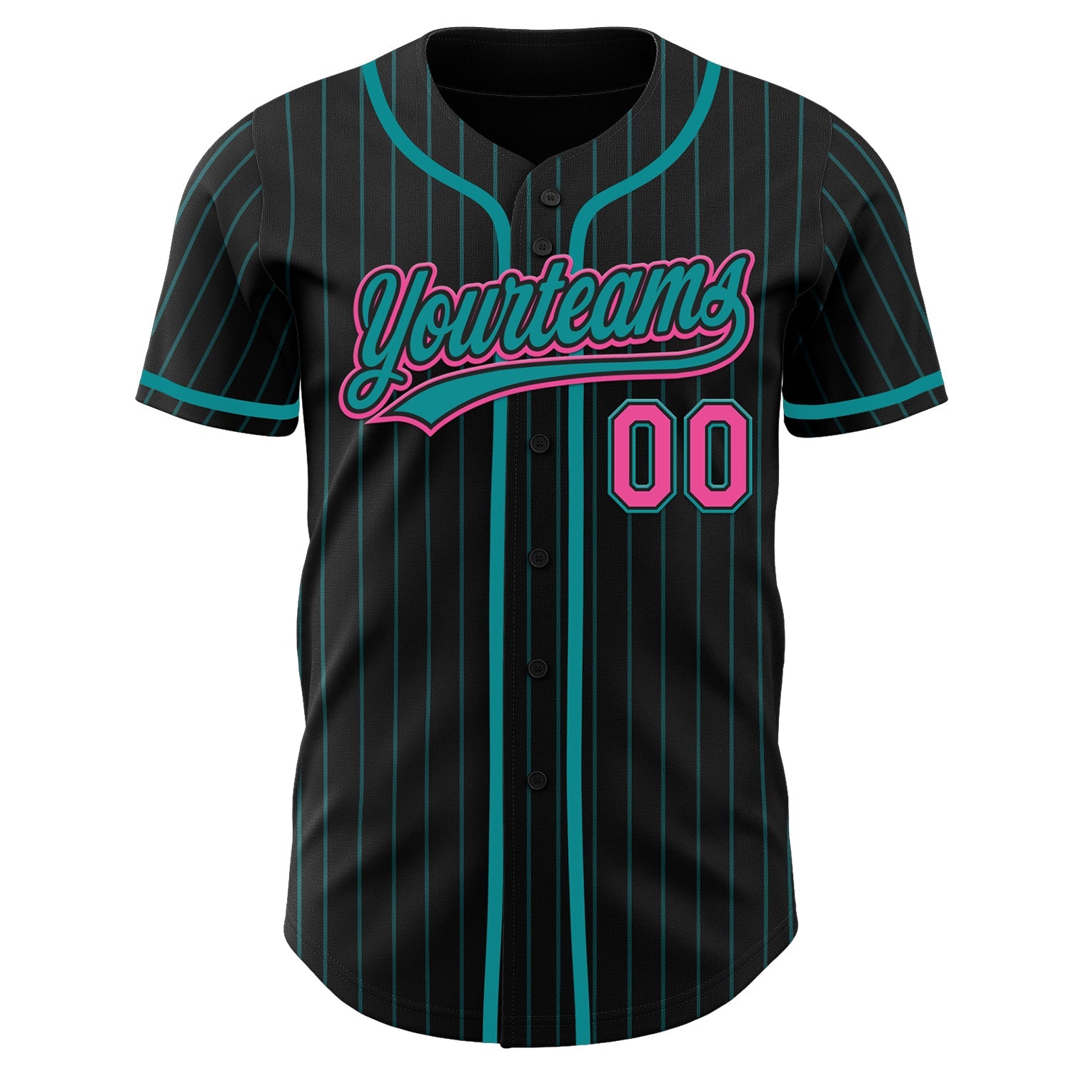 Custom Black Teal Pinstripe Pink Authentic Baseball Jersey view 2