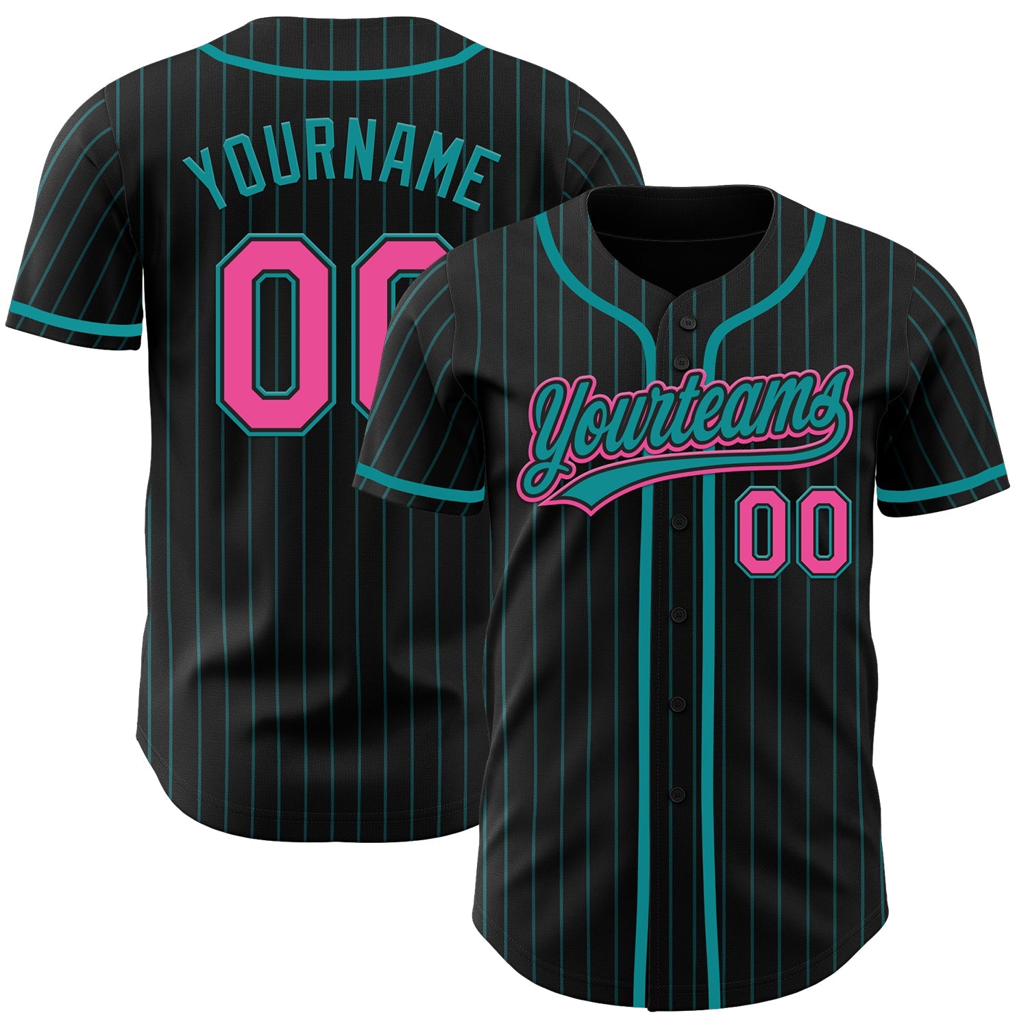 Custom Black Teal Pinstripe Pink Authentic Baseball Jersey - Main View