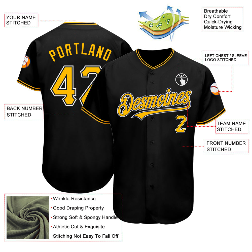 Custom Black Gold-White Authentic Baseball Jersey view 3