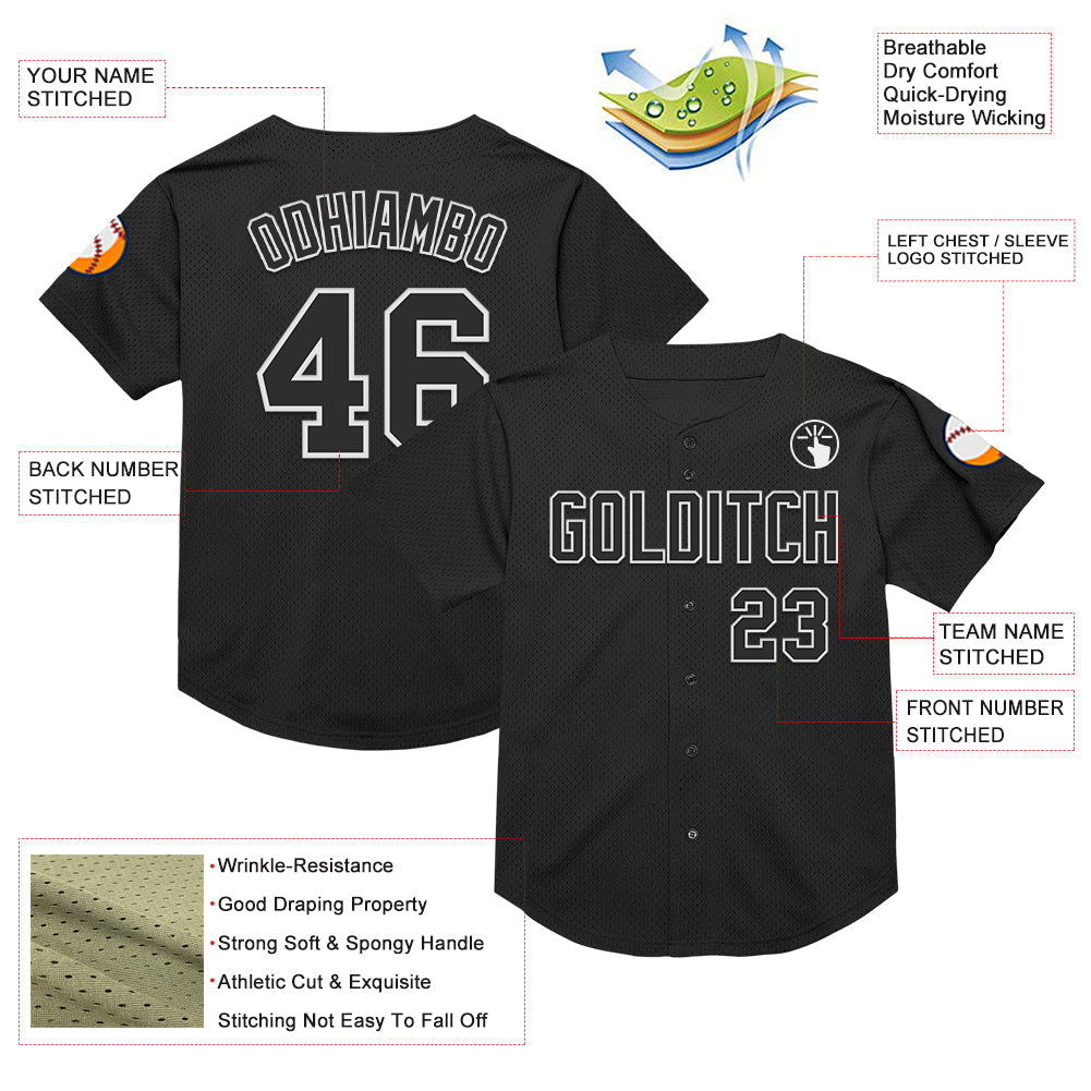 Custom Black White Mesh Authentic Throwback Baseball Jersey view 3