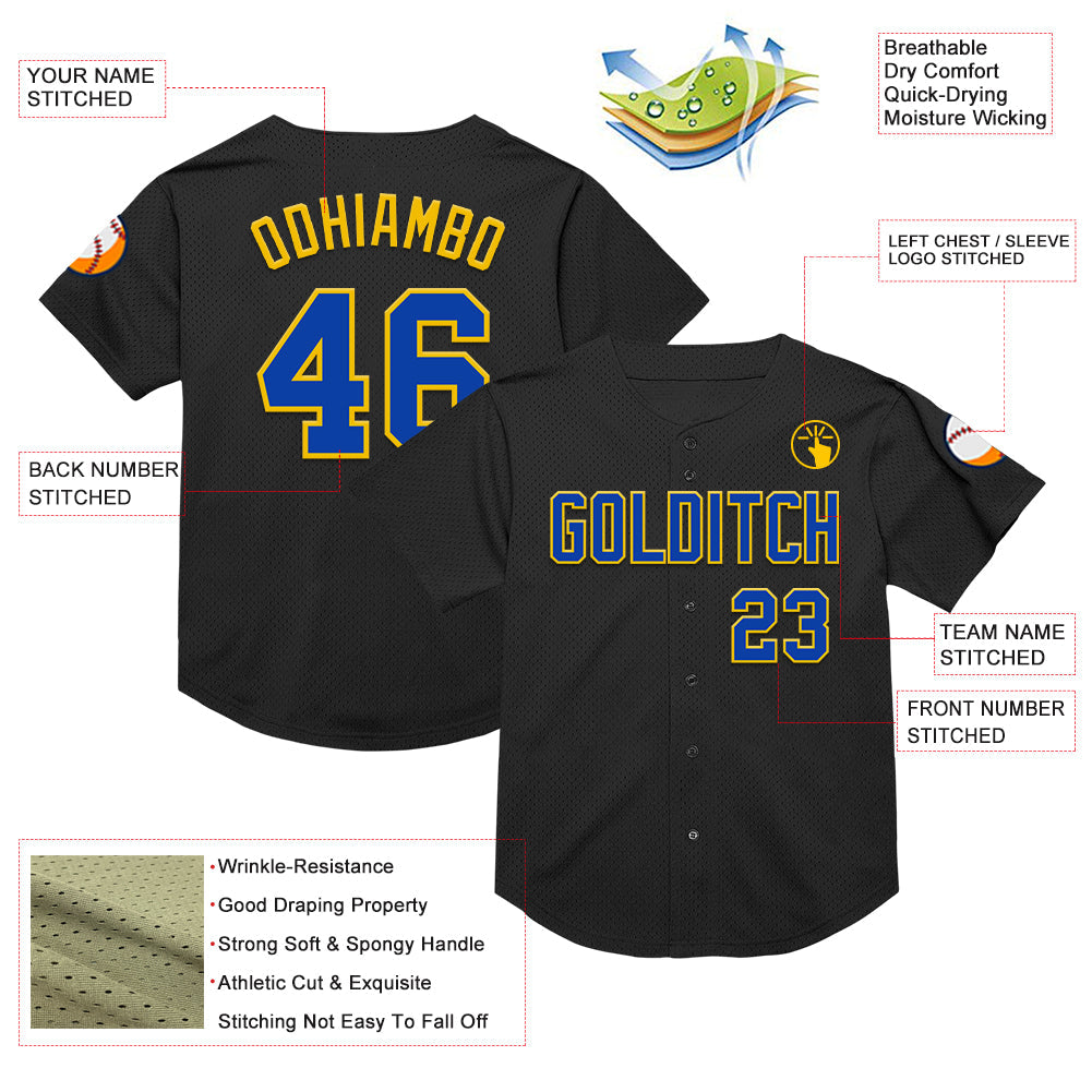 Custom Black Thunder Blue-Yellow Mesh Authentic Throwback Baseball Jersey view 3