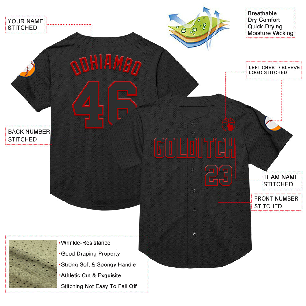 Custom Black Red Mesh Authentic Throwback Baseball Jersey view 3