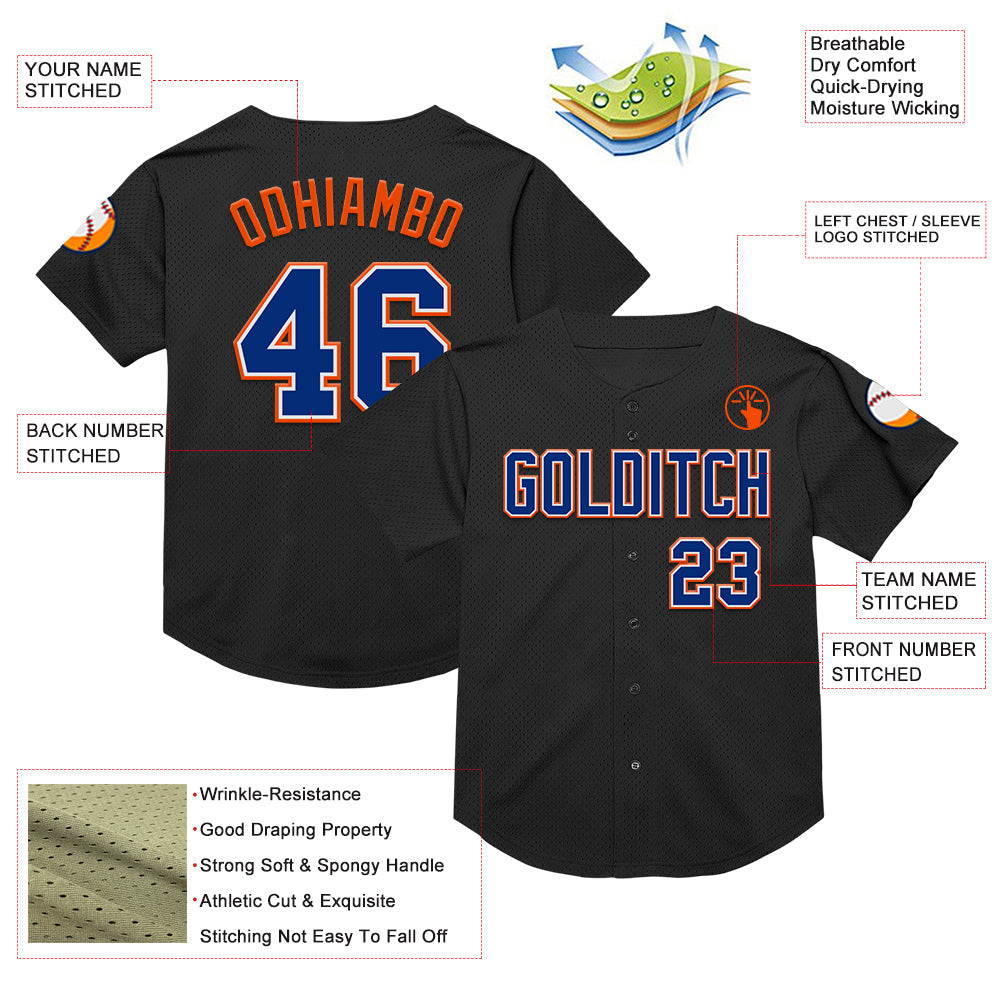 Custom Black Royal-Orange Mesh Authentic Throwback Baseball Jersey view 3