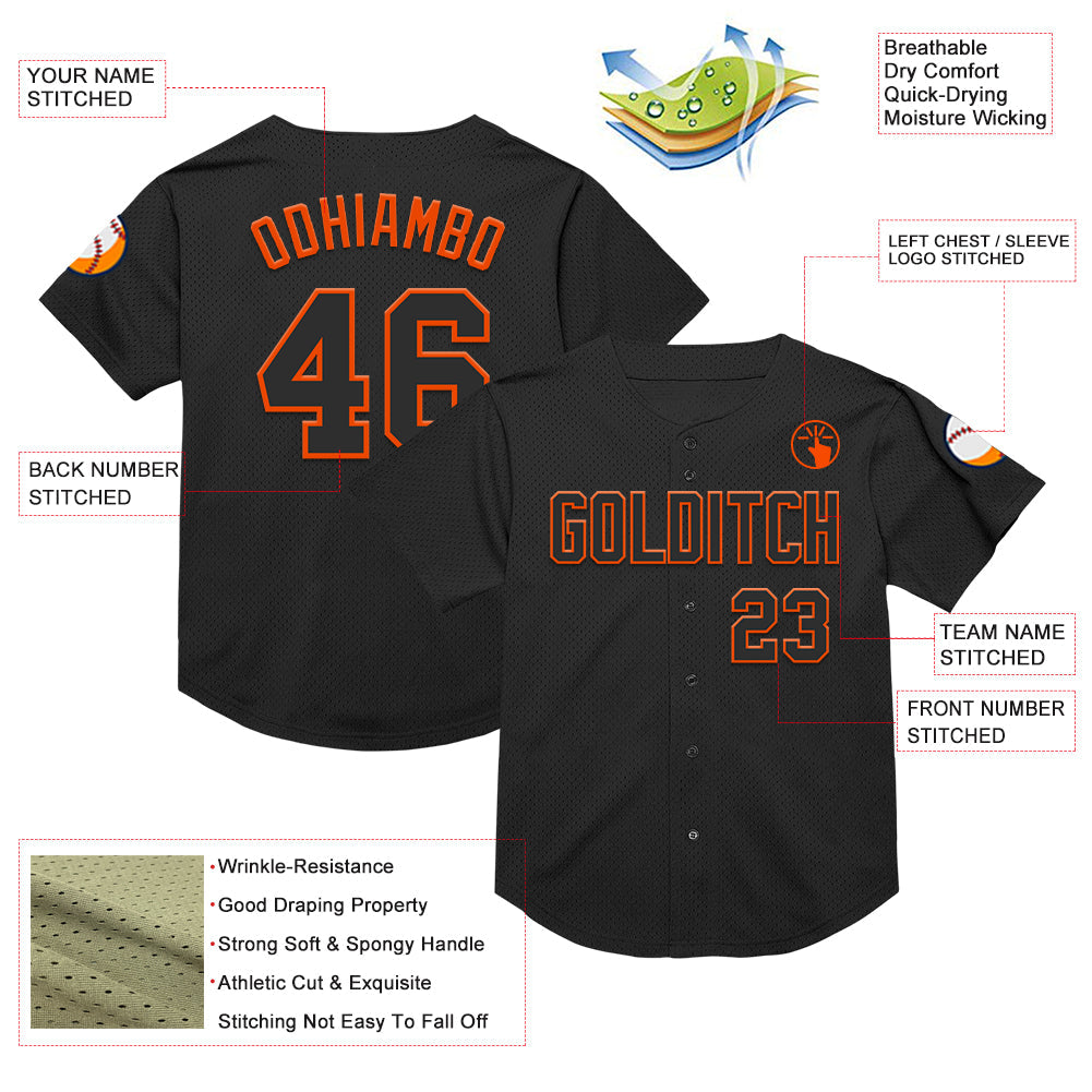 Custom Black Orange Mesh Authentic Throwback Baseball Jersey view 3