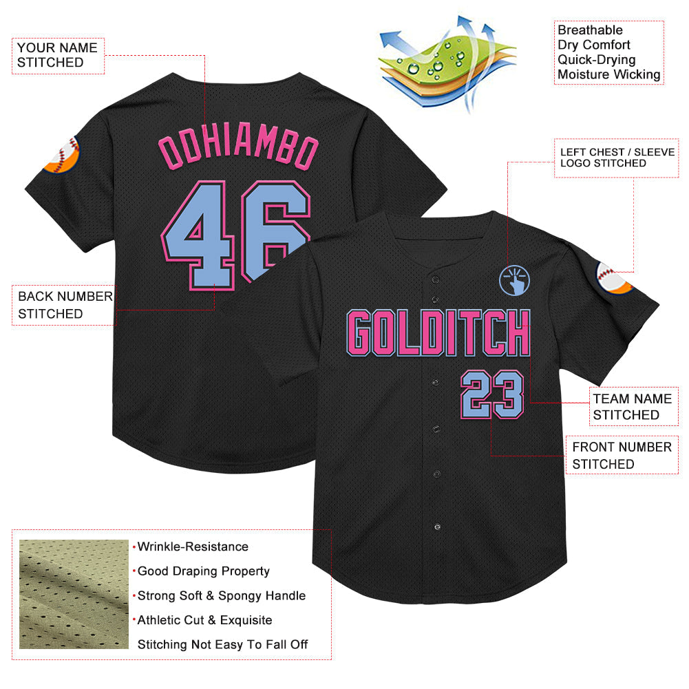 Custom Black Light Blue-Pink Mesh Authentic Throwback Baseball Jersey view 3