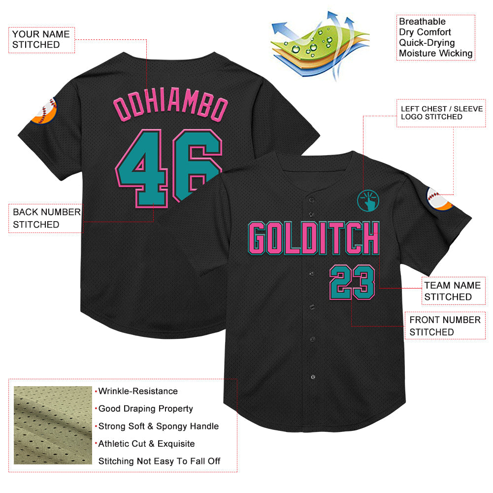 Custom Black Teal-Pink Mesh Authentic Throwback Baseball Jersey view 3