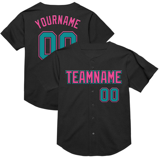 Custom Black Teal-Pink Mesh Authentic Throwback Baseball Jersey - Main View