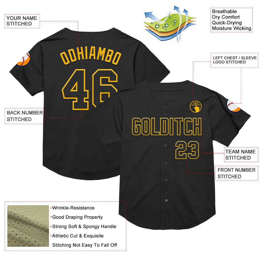 Custom Black Gold Mesh Authentic Throwback Baseball Jersey view 3