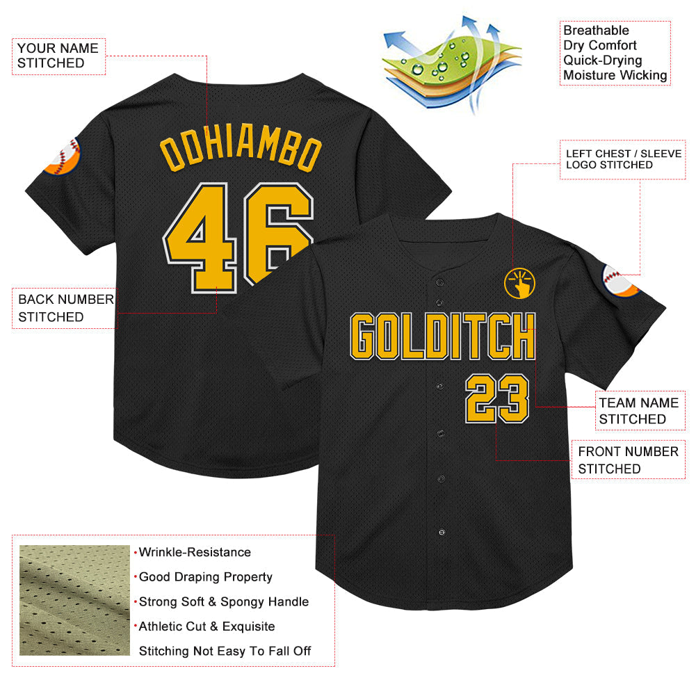 Custom Black Gold-White Mesh Authentic Throwback Baseball Jersey view 3