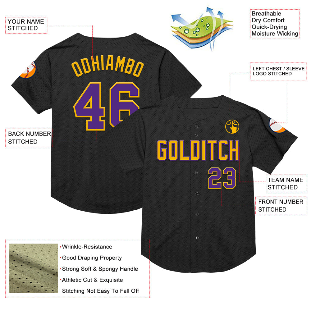 Custom Black Purple-Gold Mesh Authentic Throwback Baseball Jersey view 3