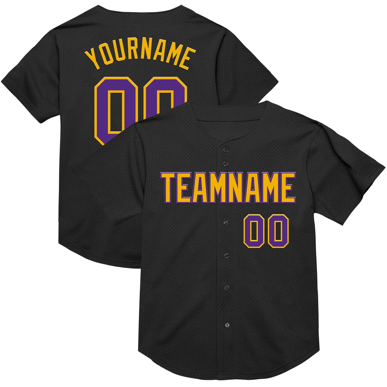 Custom Black Purple-Gold Mesh Authentic Throwback Baseball Jersey - Main View