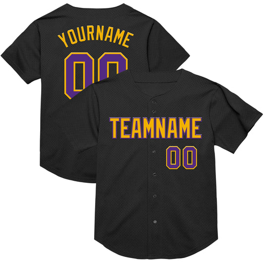 Custom Black Purple-Gold Mesh Authentic Throwback Baseball Jersey - Main View