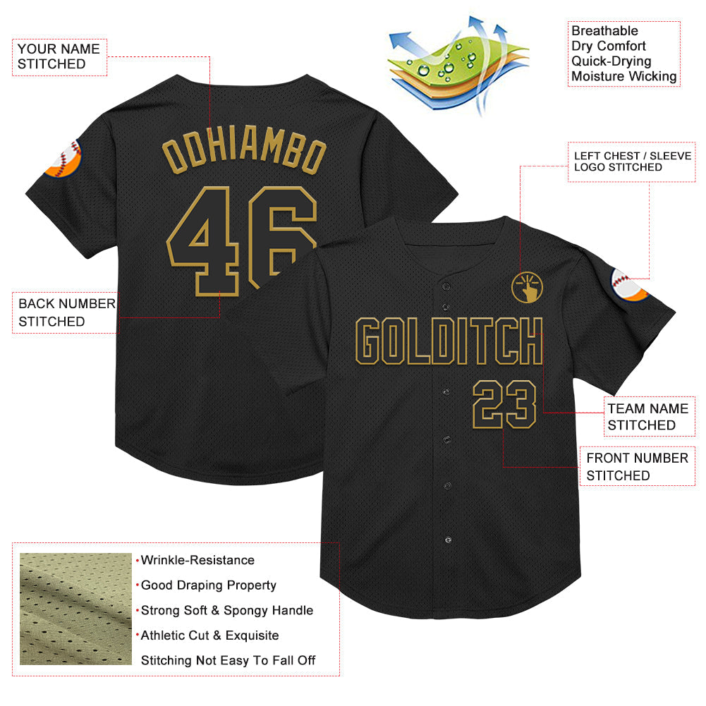 Custom Black Old Gold Mesh Authentic Throwback Baseball Jersey view 3
