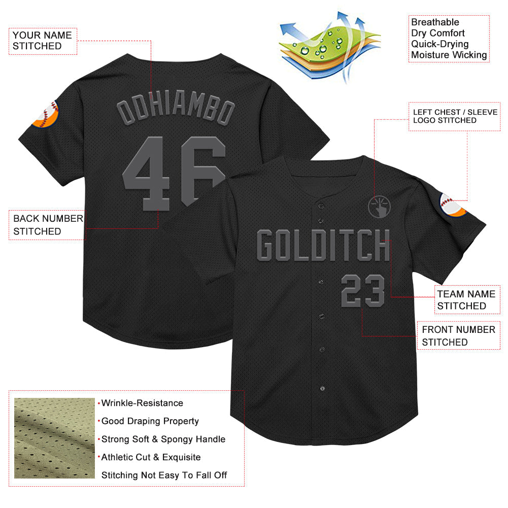 Custom Black Steel Gray Mesh Authentic Throwback Baseball Jersey view 3