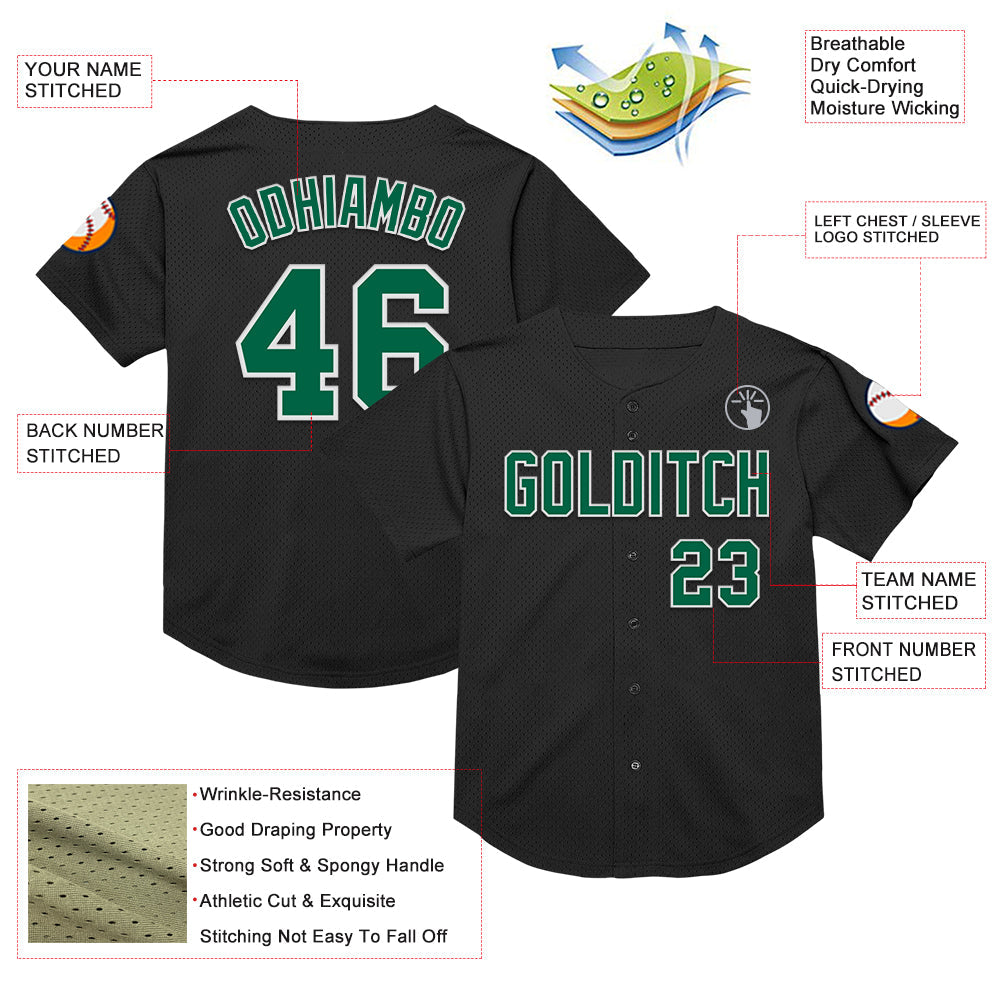 Custom Black Kelly Green-White Mesh Authentic Throwback Baseball Jersey view 3