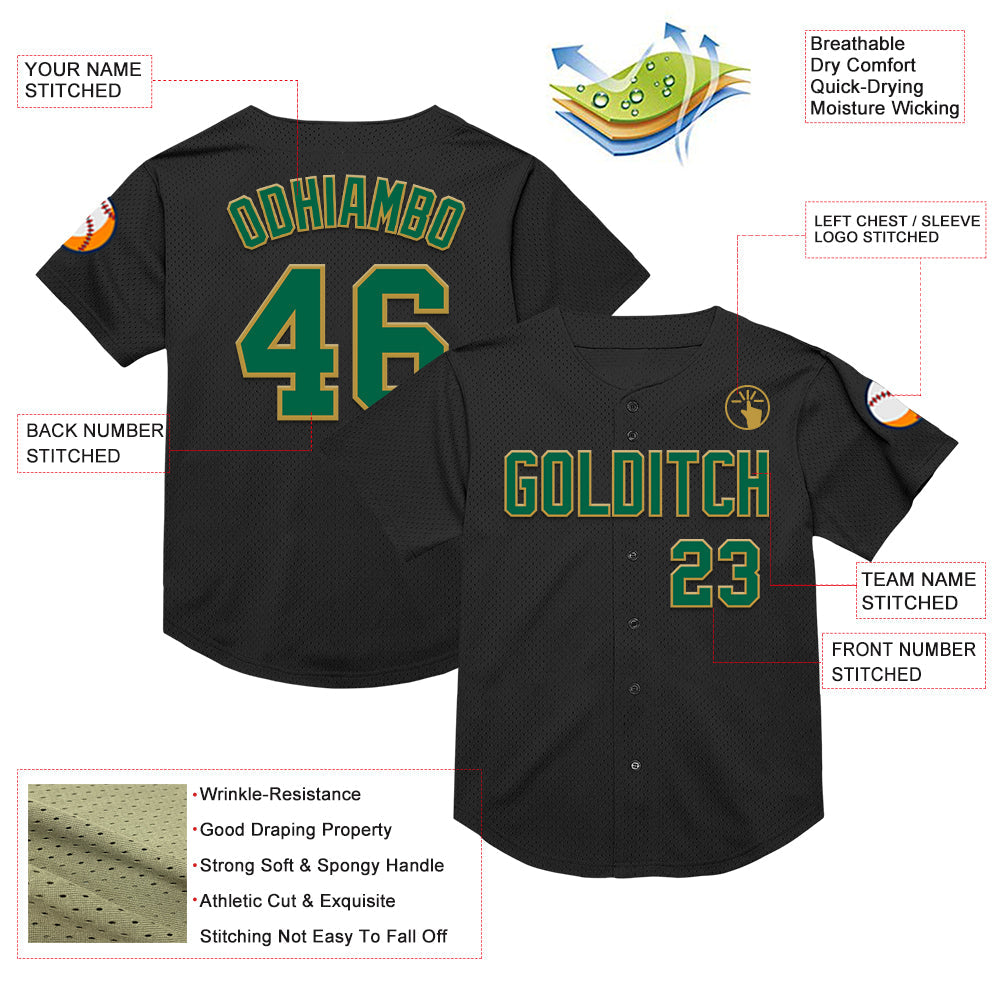 Custom Black Kelly Green-Old Gold Mesh Authentic Throwback Baseball Jersey view 3