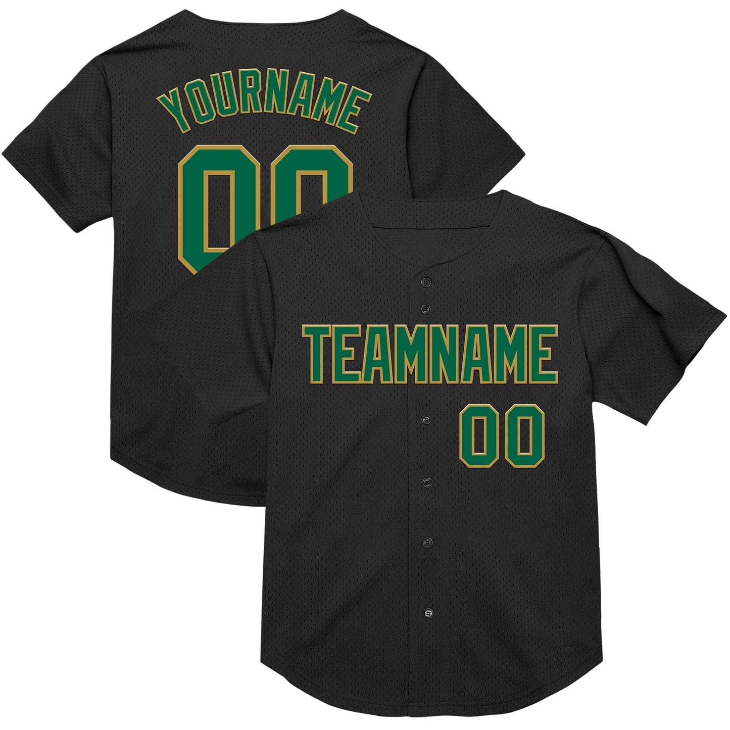 Custom Black Kelly Green-Old Gold Mesh Authentic Throwback Baseball Jersey - Main View