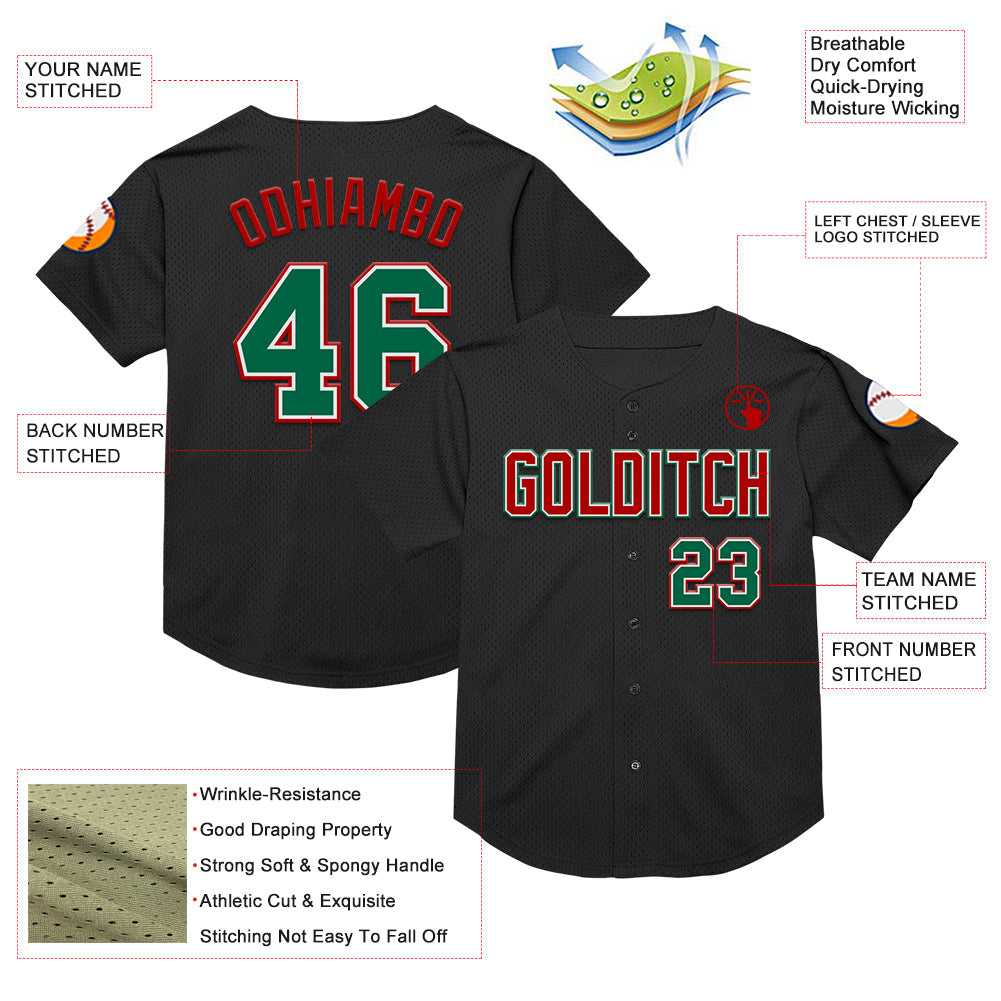 Custom Black Kelly Green-Red Mesh Authentic Throwback Baseball Jersey view 3