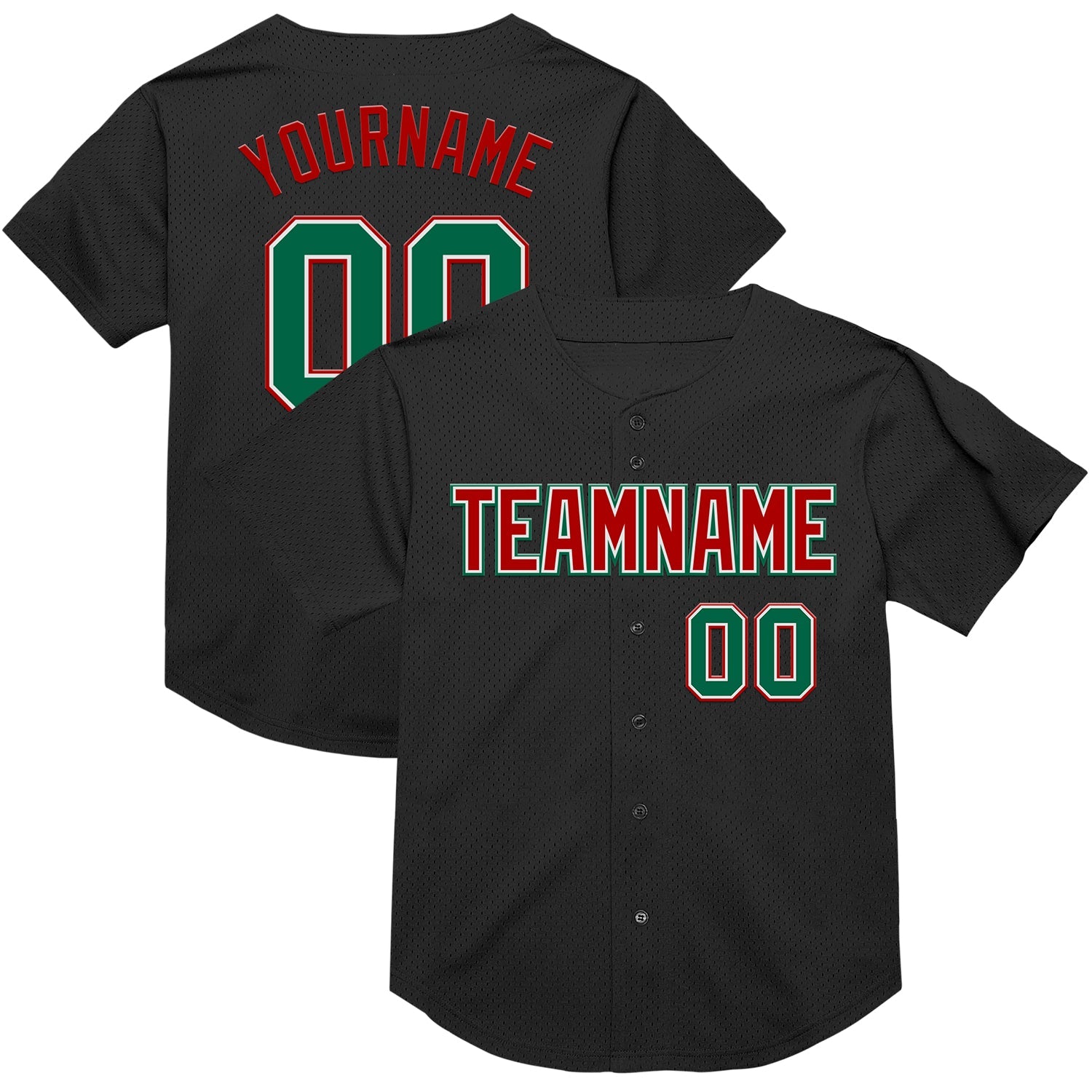 Custom Black Kelly Green-Red Mesh Authentic Throwback Baseball Jersey - Main View