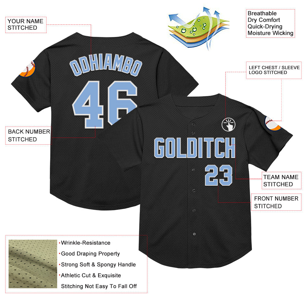 Custom Black Light Blue-White Mesh Authentic Throwback Baseball Jersey view 3