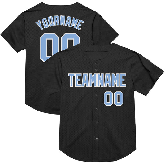 Custom Black Light Blue-White Mesh Authentic Throwback Baseball Jersey - Main View