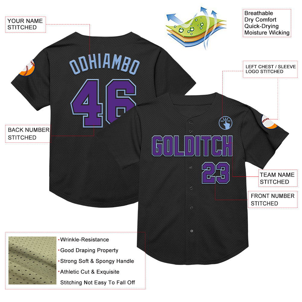 Custom Black Purple-Light Blue Mesh Authentic Throwback Baseball Jersey view 3