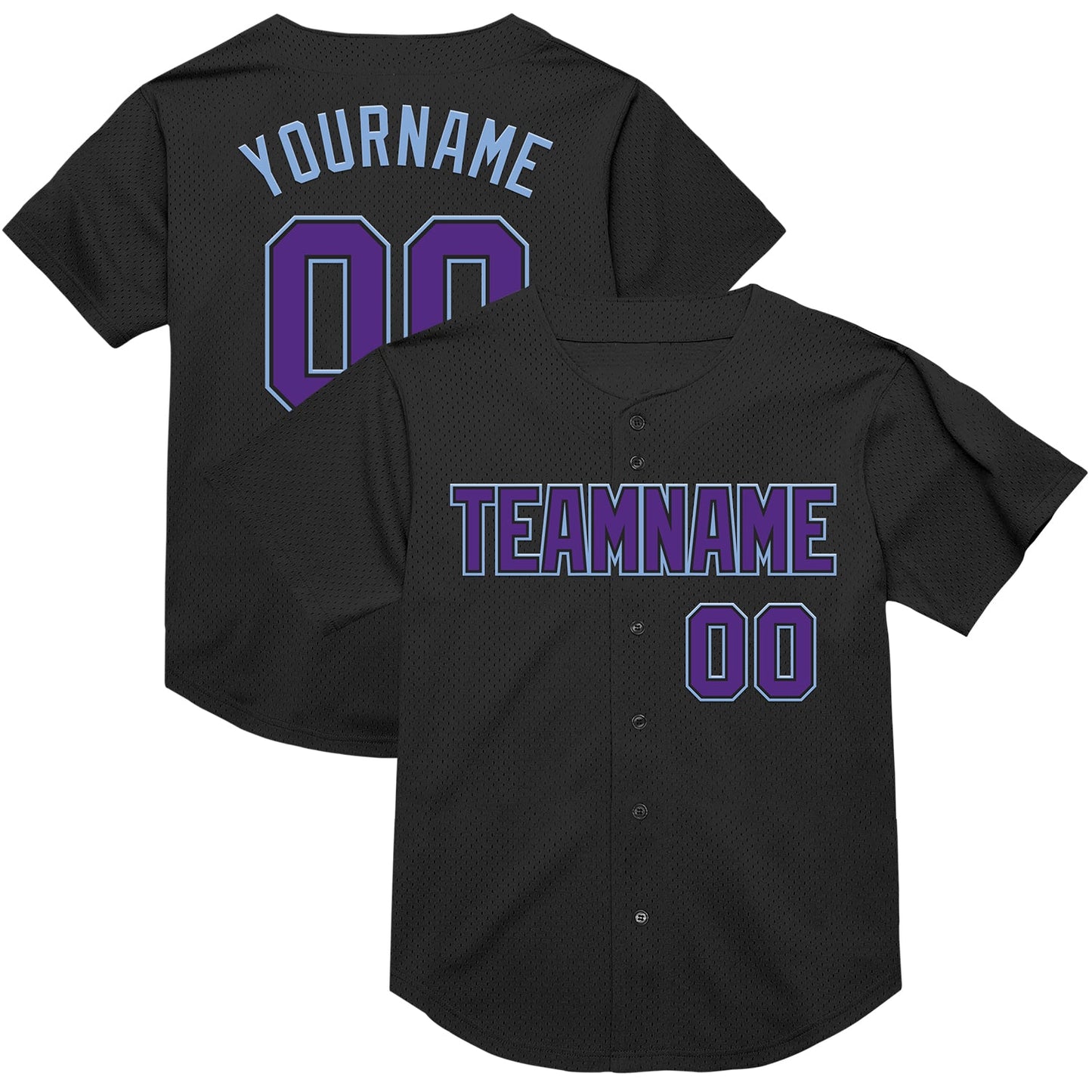 Custom Black Purple-Light Blue Mesh Authentic Throwback Baseball Jersey - Main View