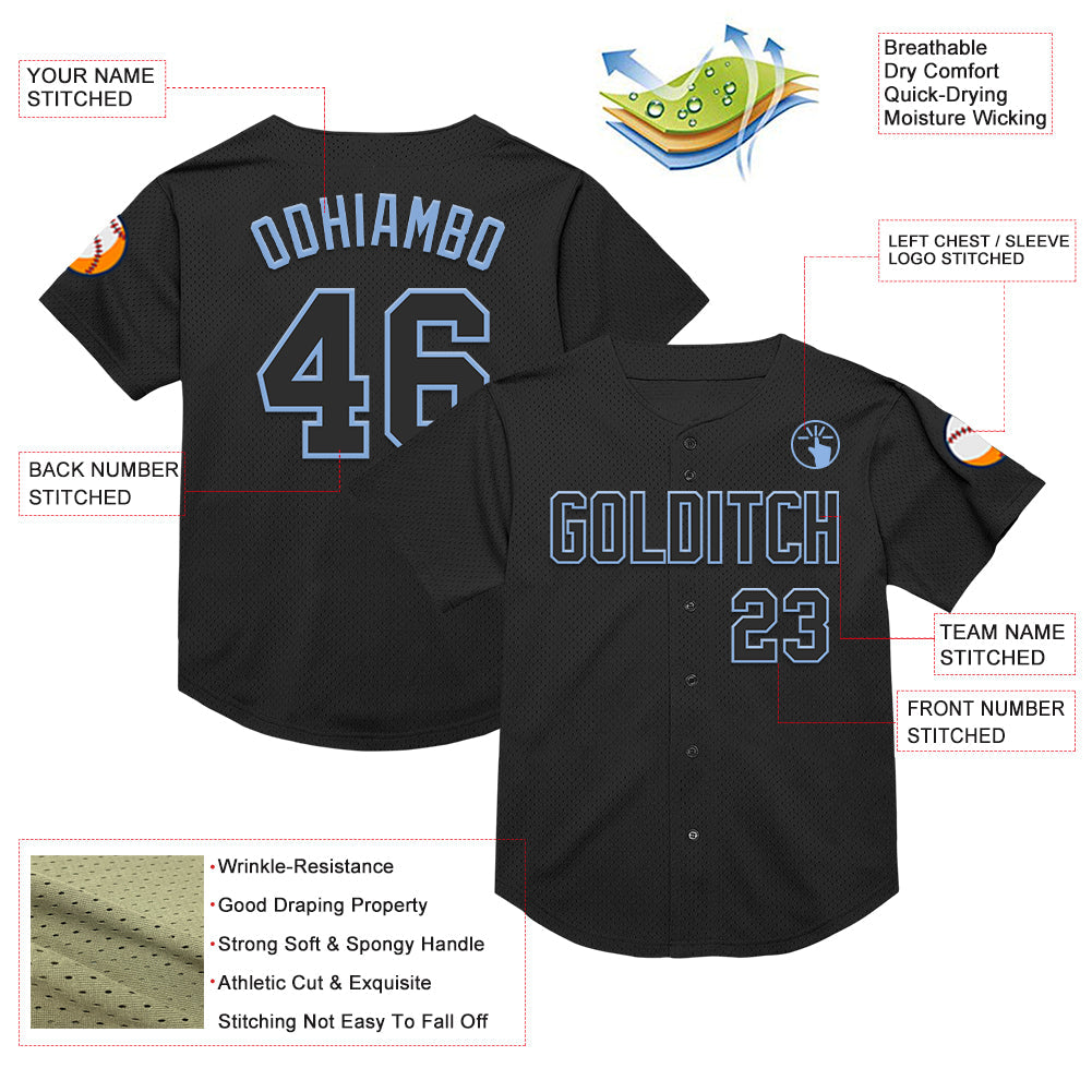 Custom Black Light Blue Mesh Authentic Throwback Baseball Jersey view 3