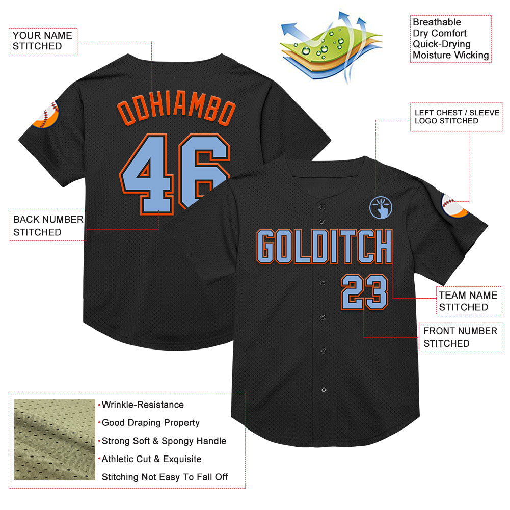Custom Black Light Blue-Orange Mesh Authentic Throwback Baseball Jersey view 3