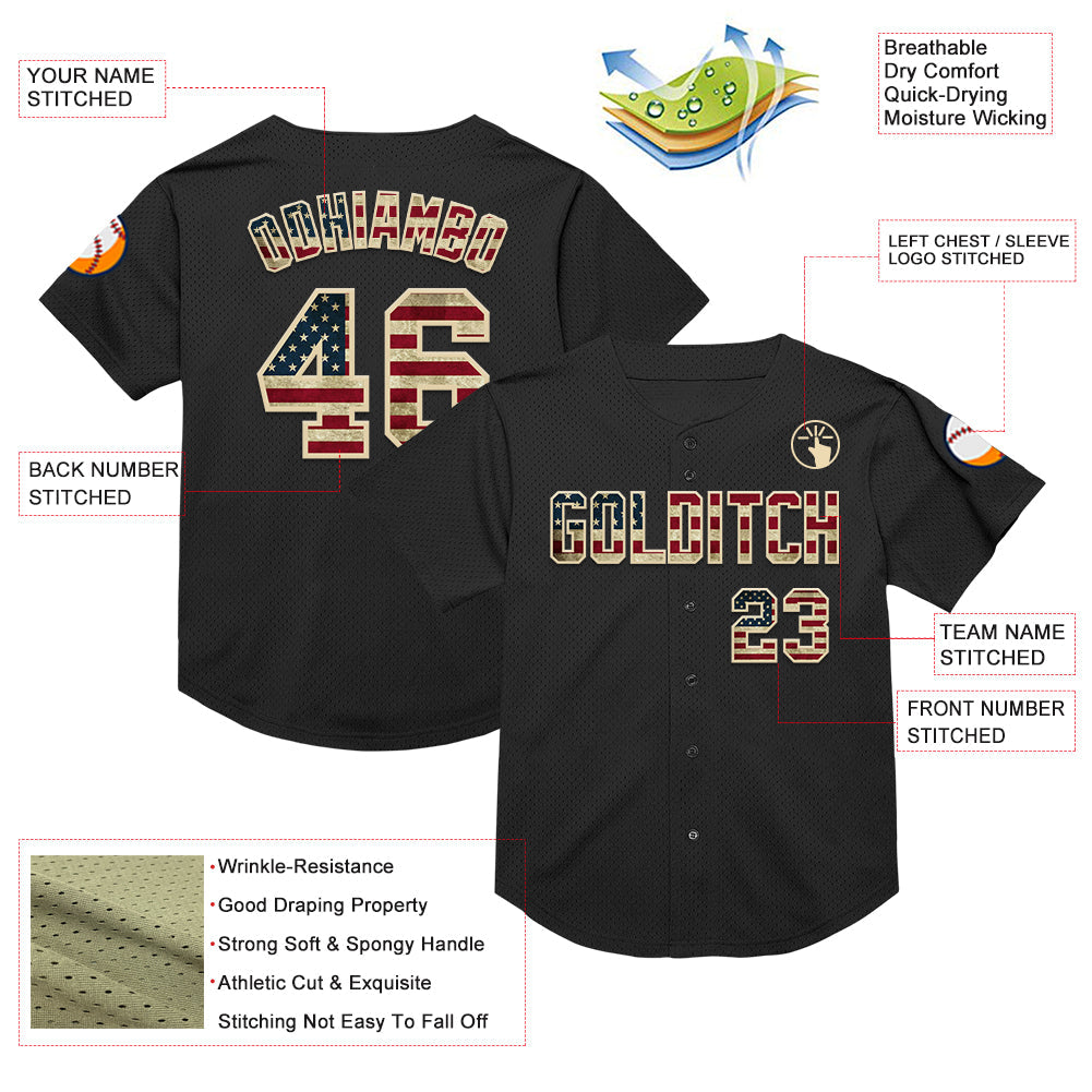 Custom Black Vintage USA Flag-Cream Mesh Authentic Throwback Baseball Jersey view 3